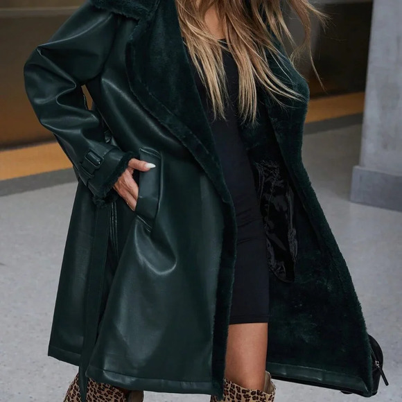 Dark Green Casual Women's Turndown Collar Long Faux Fur Coat - Picture 3 of 6